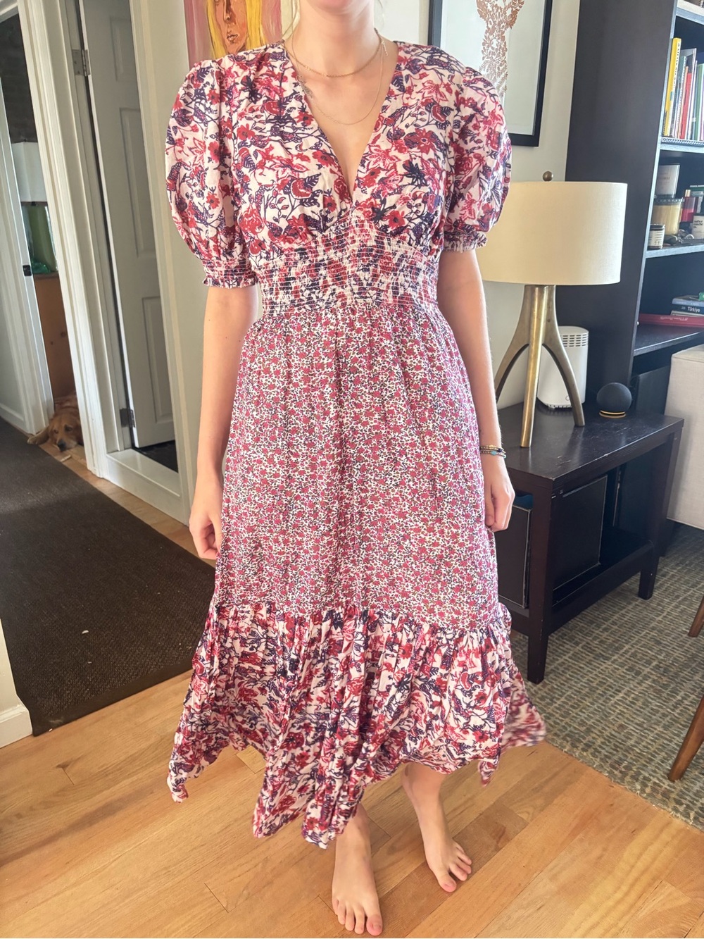 SAYLOR Pink and White Floral Puff-Sleeve Midi Dress